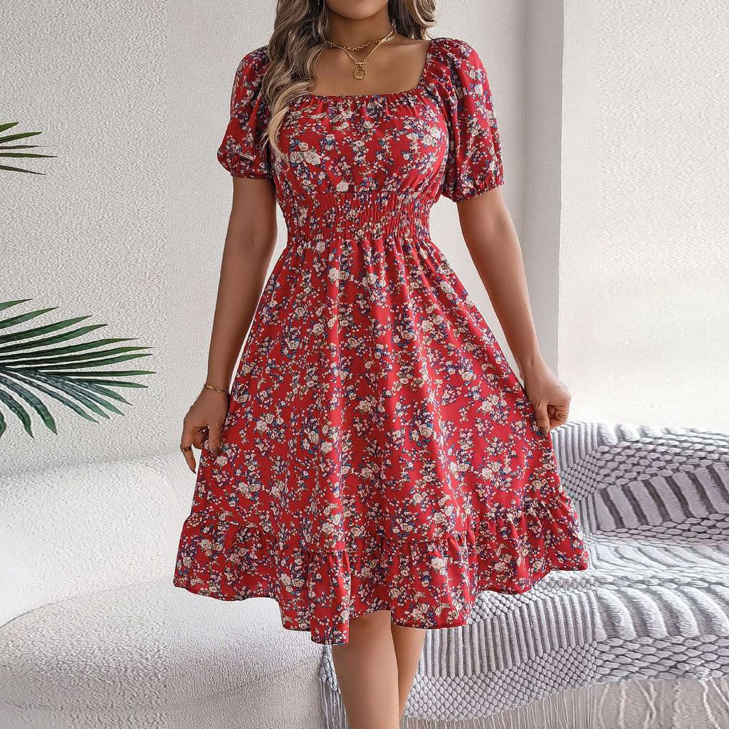 Women's Fashion Floral Print Square Neck Short Sleeve Waisted Ruffled A-Line Skirt