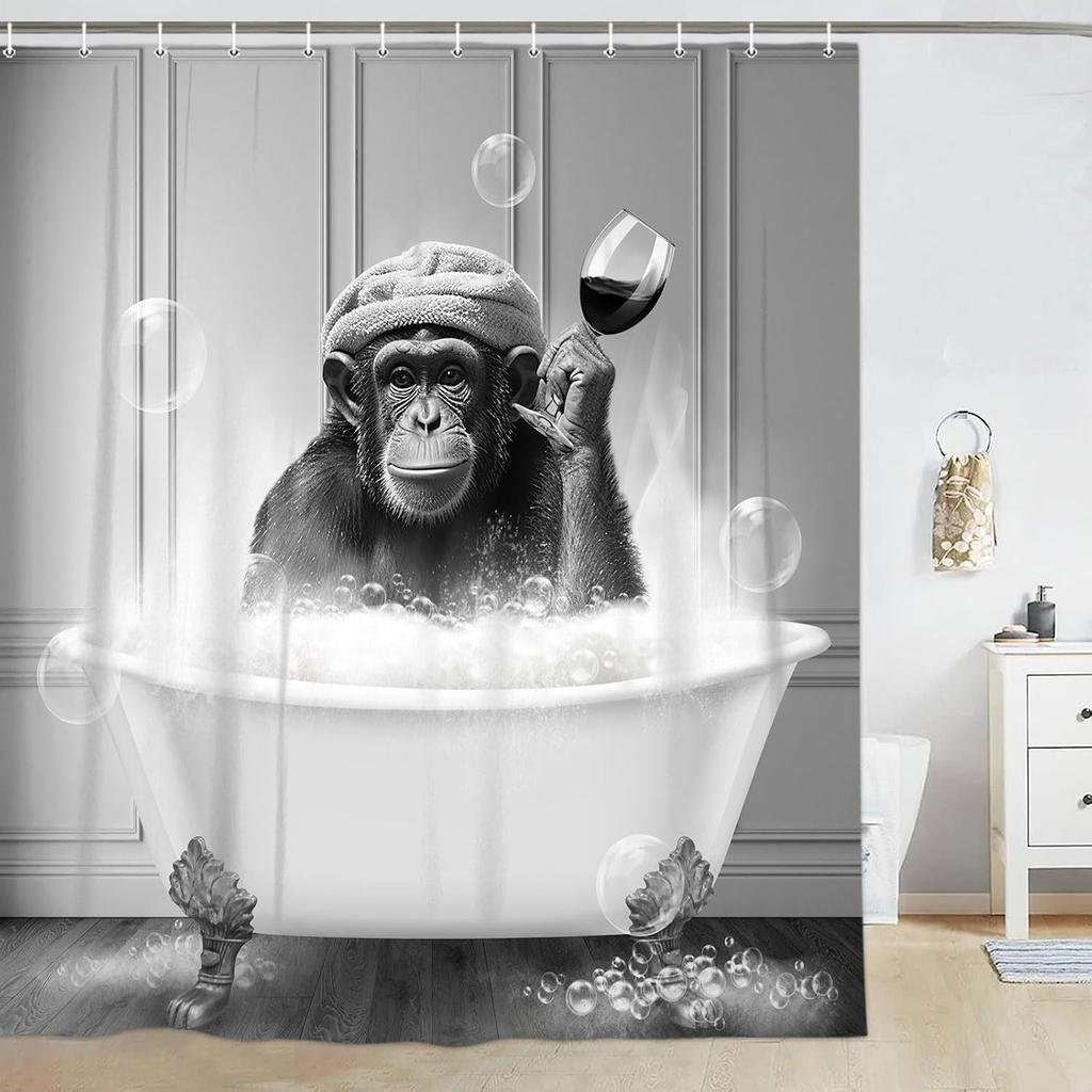 Japanese Cat Shower Curtain, Vintage Anime Sunset Wave Art, Waterproof Fabric With Hooks