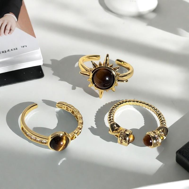 Средневековое французское ретро золото имитация камня тигровый глаз подсолнух открывающееся кольцо нишевое высококлассное уникальное кольцо