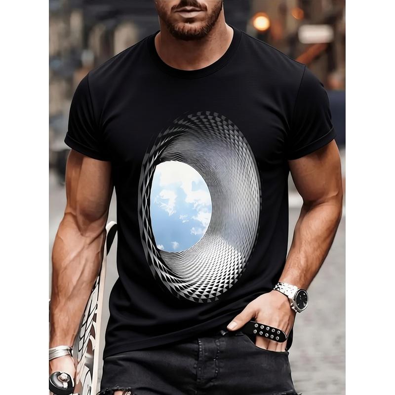 Men's 3D Illusion Printed T-Shirt - Black with White Tunnel & Blue Sky Graphic, Breathable Micro-Elastic Fabric, Regular Fit Short Sleeve, All-Season