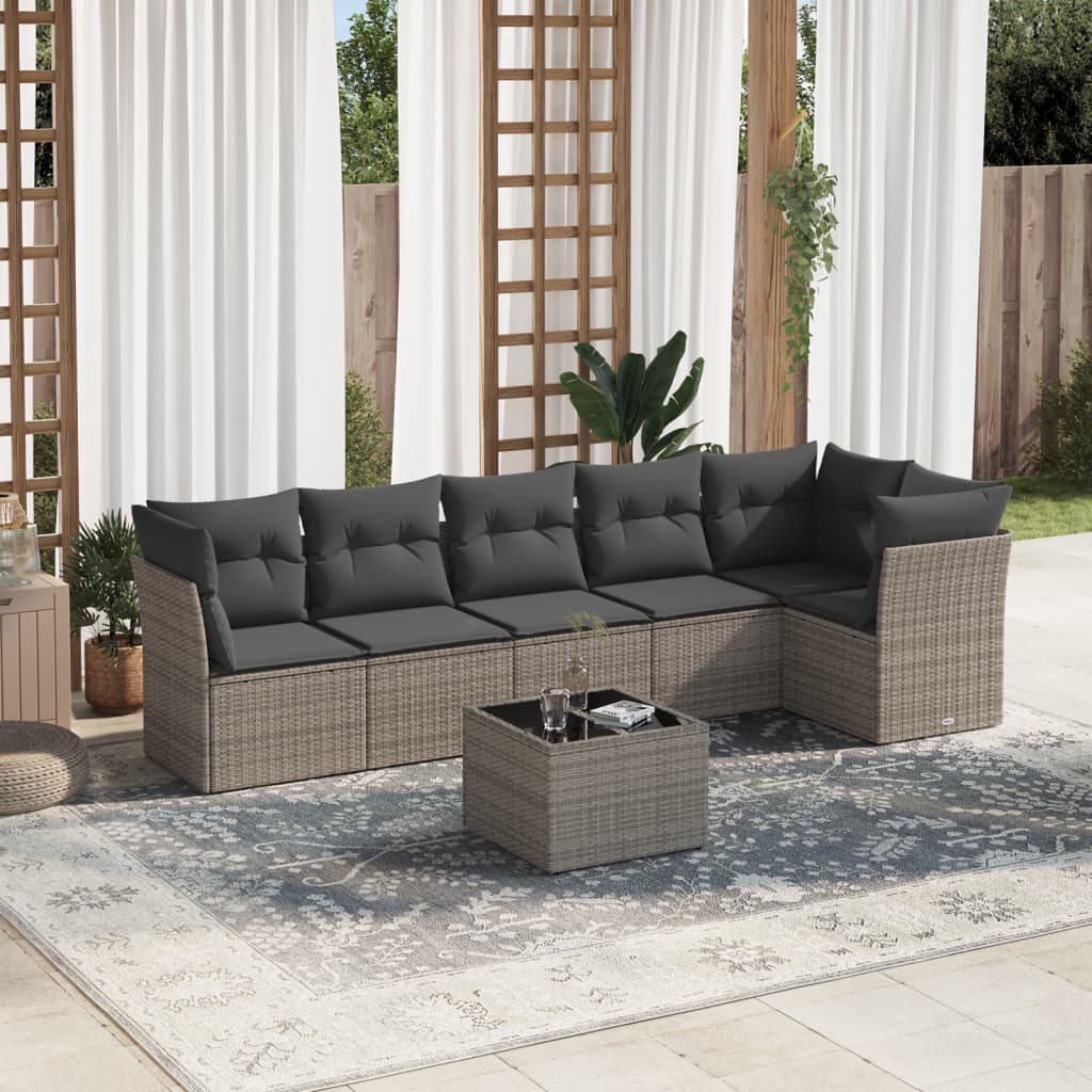 7 Piece Garden Sofa Set with Cushions Gray Poly Rattan