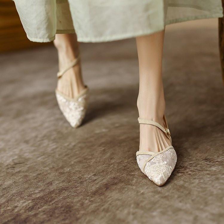 Fashion Women's Toe Sandals Summer New Versatile Mesh Lace Breathable Straight Strap Pointed Heels Womens Shoes