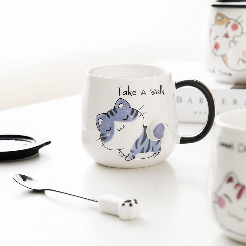 Ceramic Cat Mug with Lid and Spoon