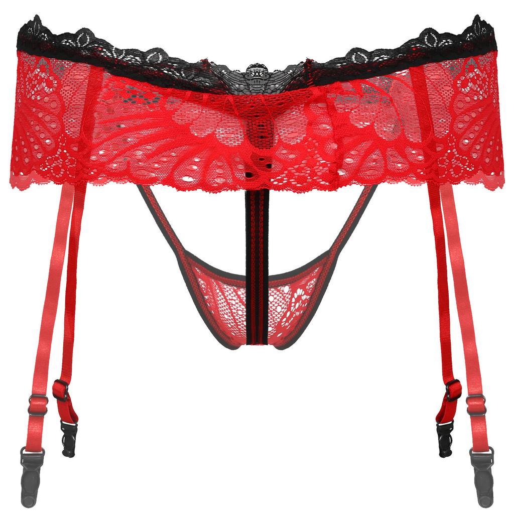 Мужские кружевные стринги с юбкой, регулируемый пояс для чулок, ажурный дизайн, эластичный пояс, вырез без выреза, Т-образная спинка, нижнее белье Sissy