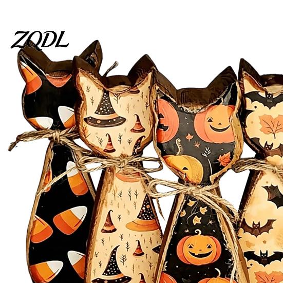 Distressed Wood Pumpkin Cat Figurine Rustic Wooden Ornament, Vintage Halloween/Flower Tabletop Signs, Housewarming Gift Ideas Animal Figurines