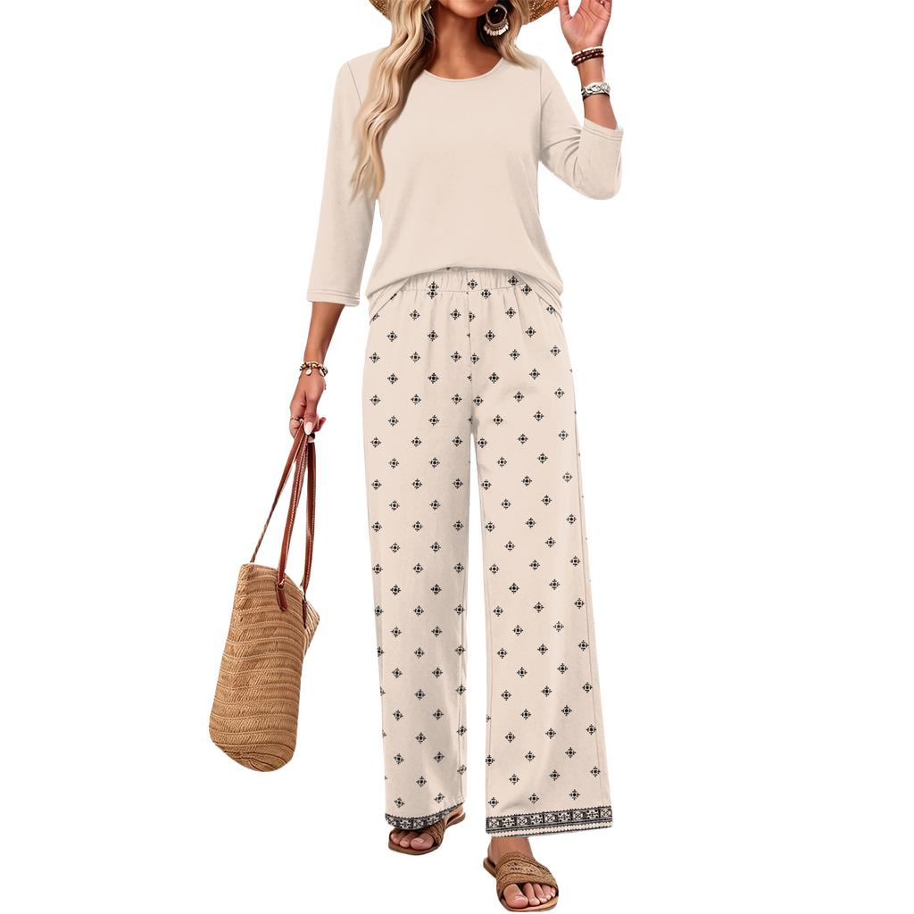 Women's Casual Fashion Round Neck Loose Fit Printed Three Quarter Sleeve Top with Wide Leg Pants Set Comfortable Lounge Wear