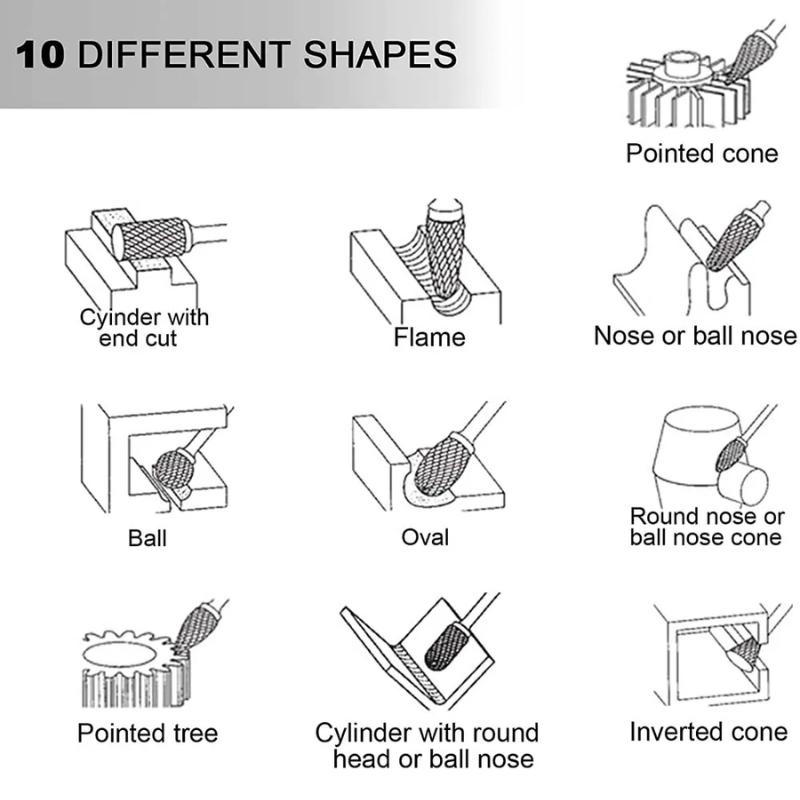Набор из 10 твердосплавных боров, совместимый с Dremel, хвостовик 1/8", шлифмашина, вращающийся инструмент, рашпильные насадки, резьба по дереву, металлу, электрическая шлифовка