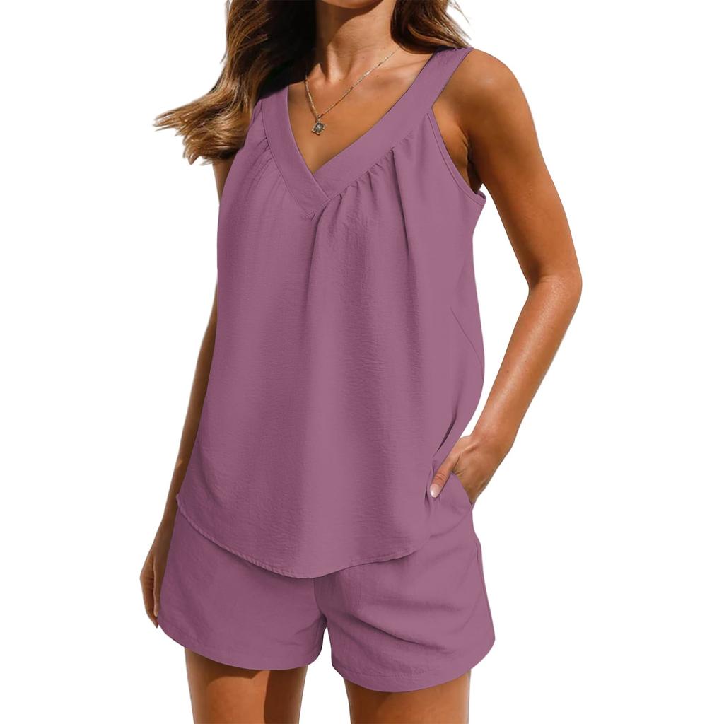 Женский однотонный свободный свитер с V-образным вырезом, без рукавов, повседневный топ с карманами, эластичный пояс, шорты, комплект