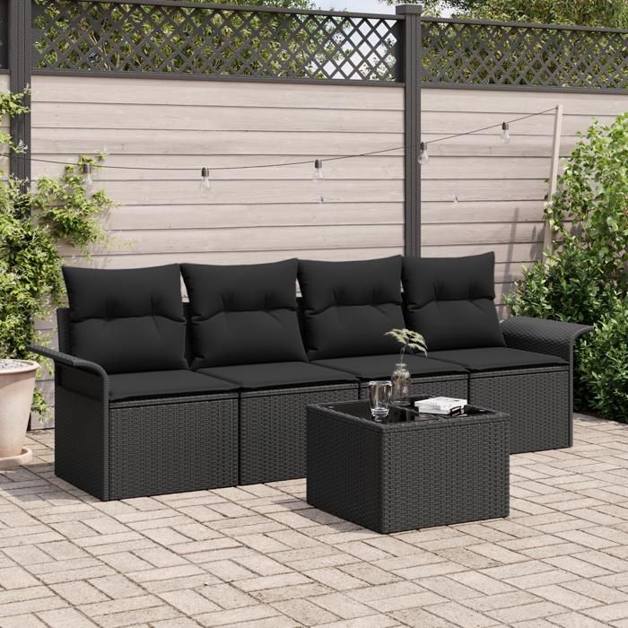 VidaXL Ensemble de 5 pièces de canapé de jardin avec coussins noirs en rotin synthétique 3345233