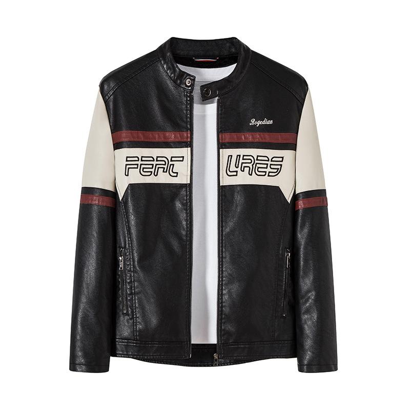 Мужская кожаная куртка, модная облегающая плюшевая мотоциклетная кожаная куртка соответствующего цвета, мужское пальто