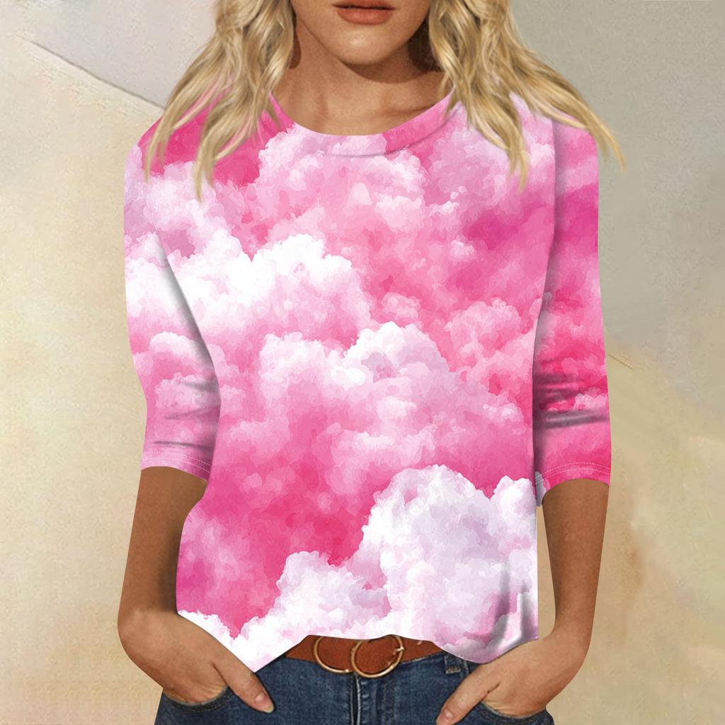 Women's Fashion Casual Round Neck Three-quarter Sleeve Gradient Print T-shirt Top