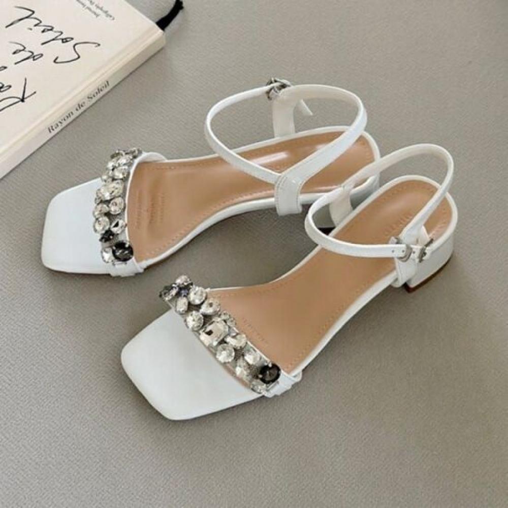 Melting Brown Women Crystal Jewel Strap Sandals Mid Heel 2 Colors