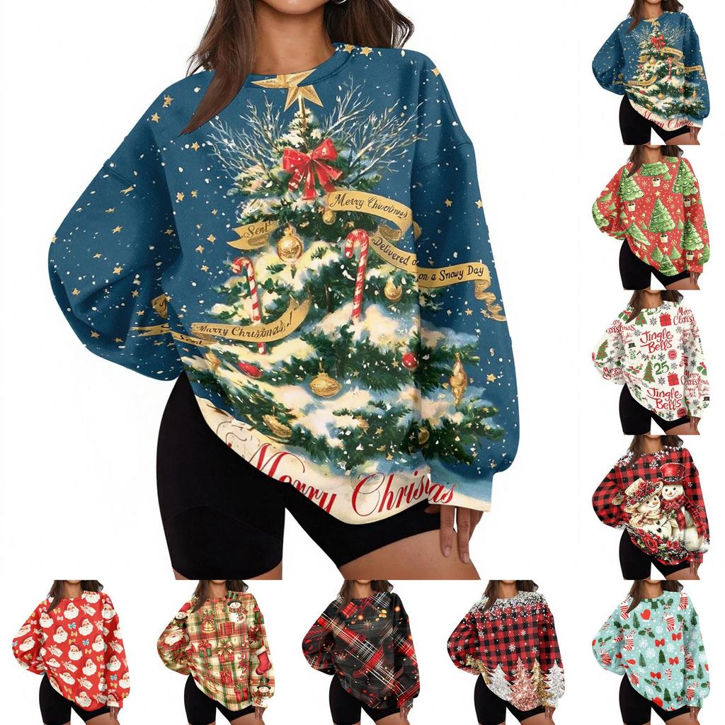 Women's Trendy Christmas Print Crewneck Sweatshirt Lightweight Casual Pullover for Holiday and Everyday Wear
