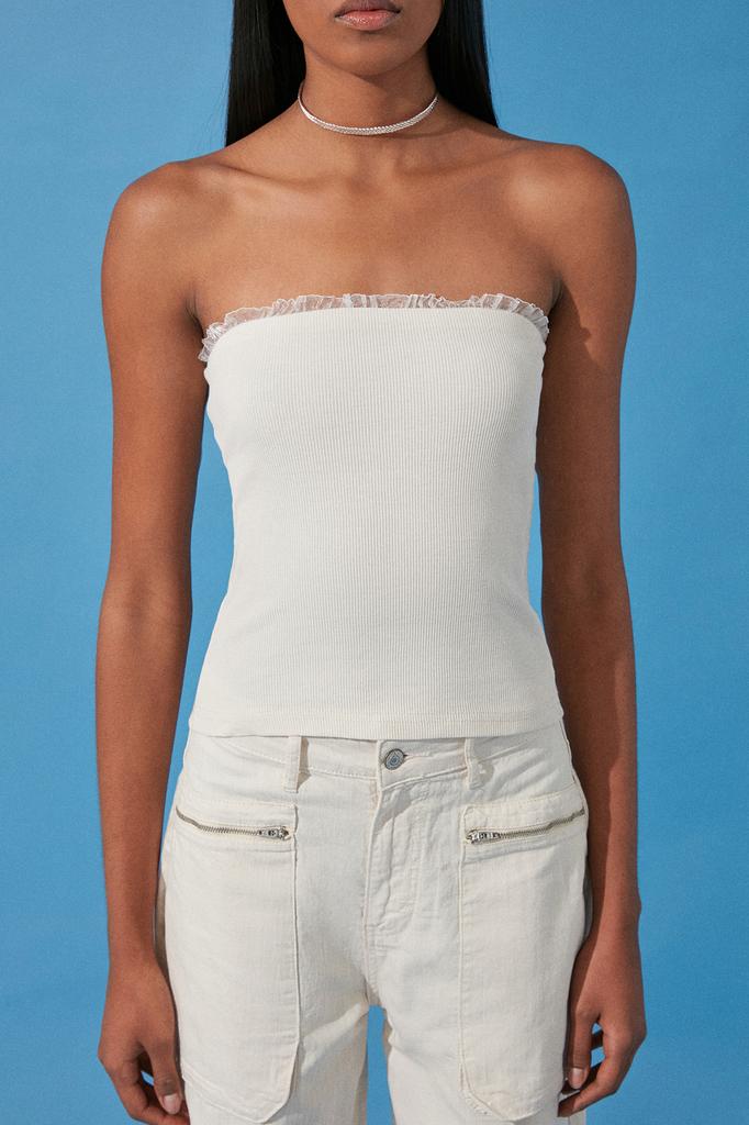 Women's Fashion New Blouse Stone Ribbed Strapless Collar Woven Garnish Fitted Cotton Stretchy Crop Knitted Blouse