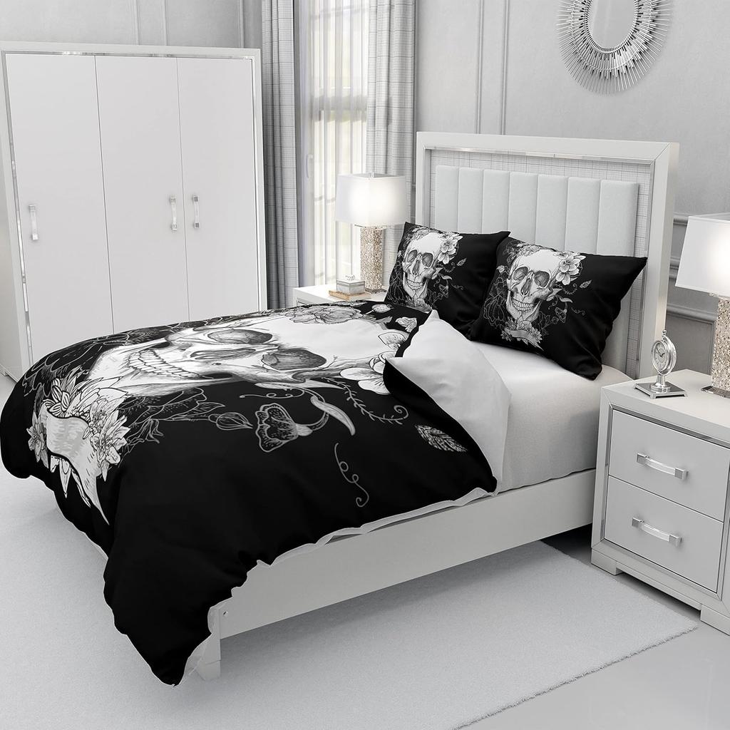 3D Printed Fashionable Boutique Skull and Rose Super Soft Ultra-fine Fiber Bed Sheet Set, Children and Adults Full-size with Zip