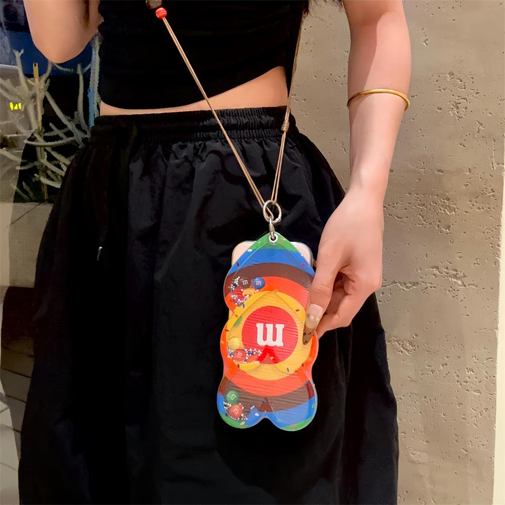 Fashion Rainbow Stripe Chocolate With Fold Mirror Cute Phone Case For iPhone 12 13 14 15 16 Pro 17 Pro Max Cover with Crossbody