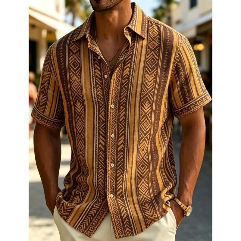Fashion Unisex Vintage Tribal Striped Style Graphic Hawaiian Shirts 3D Printed Shirts Tops Summer Short Sleeves Men Women Blouse Shirt