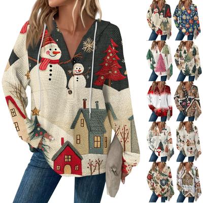 Женская модная повседневная толстовка с длинным рукавом, завязками на пуговицы, V-образным вырезом, капюшоном и рождественским принтом