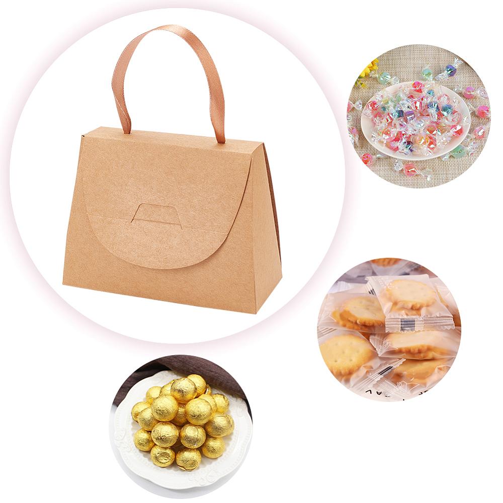 20sets Foldable Kraft Paper Candy Gift Box Handbag Shaped Candy Storage Case with Ribbon Handle for Wedding Party Camel 5.8x12.1x10cm