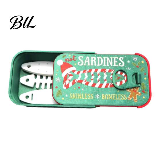 Holiday Desktop Ornament Christmas Sardine Tin Shaped Jewelry Box, Portable Travel Jewellery Storage Case with Compact Container Fish Bone Divider,