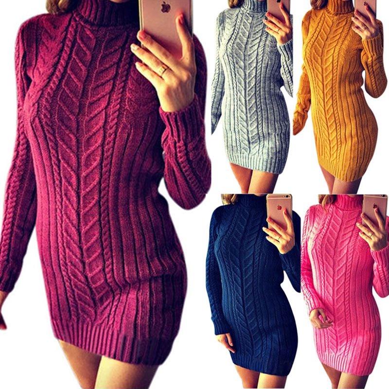 Сексуальное трикотажное платье на осень и зиму, облегающего кроя и с высоким воротником, с узором «косы»