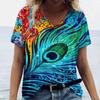Colorful Peacock Feather Printed Women‘S T-Shirts Fashion Short Sleeve Clothing Summer V Neck Woman Top Oversized Casual Female