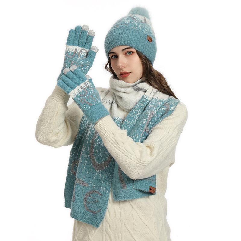Winter Knitted Women's Jacquard Thickened Imitation Mink Scarf, Hat and Gloves Three-piece Set