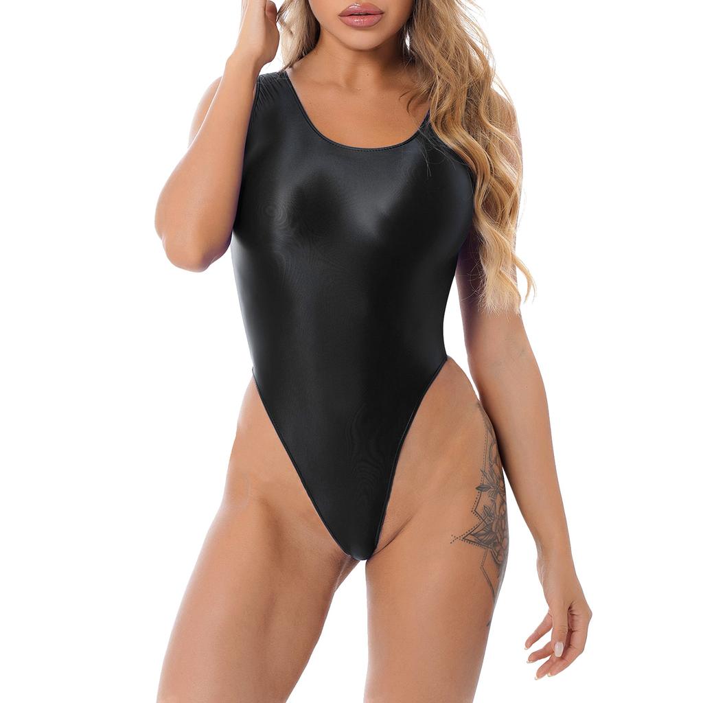 Женское глянцевое боди без рукавов с высоким вырезом, цельный купальник для йоги, спорта, фитнеса, плавания, купания, боди