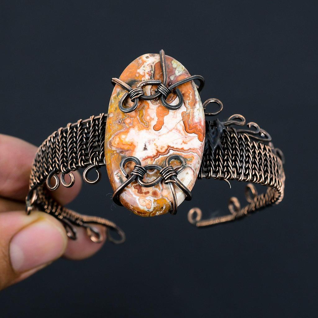 Laguna Lace Agate Pure Copper Wire Wrapped Handmade Jewelry Bangle Bracelet Adjustable