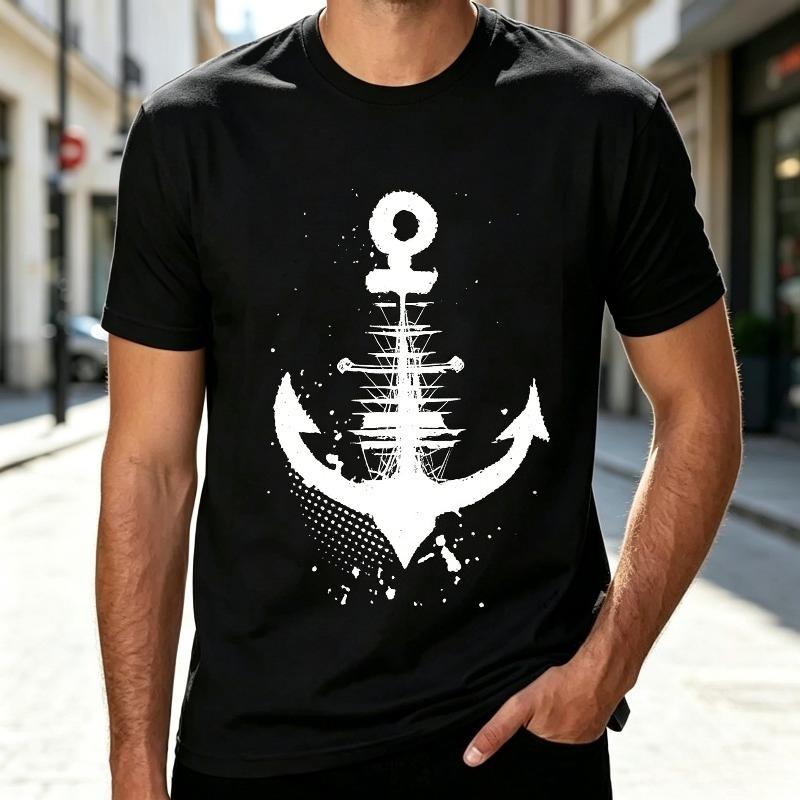 Retro Ink Splash Anchor Ship Print Tee Shirt Unisex Soft Cotton Round Neck Short Sleeve Casual Top for Beach Vacation Daily