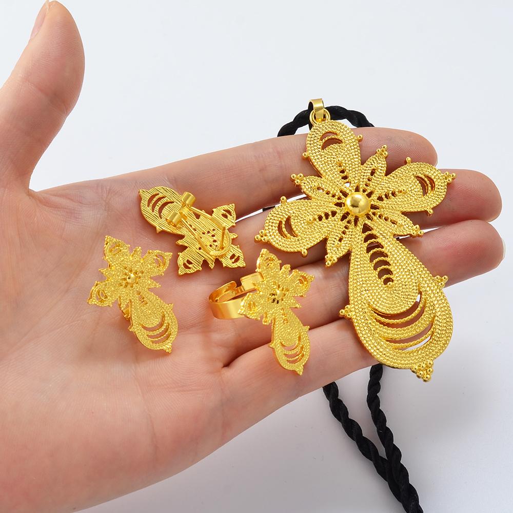 Anniyo Ethiopian Jewelry sets Cross Pendant Necklaces Earrings Rings African Eritrean Habesha Wedding Accessories #139016