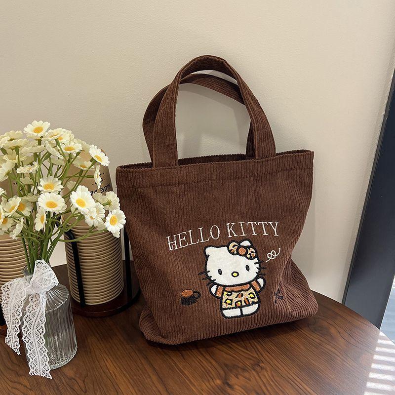 Многоразовые вышитые мультяшные женские сумки Hello Kitty Kawaii Сумка-тоут Сумка Большая вместимость Вельветовые сумки на одно плечо
