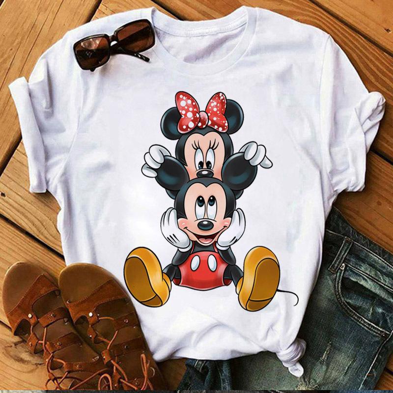 Unisex Mickey and Minnie Print T-shirt Casual Round Neck Short Sleeves T Shirt Summer Casual Clothing Top Black Tee