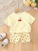 2-Piece Summer Fashion Casual Set for Girls with Yellow Cherry Print | Cute Summer Short-Sleeved T-Shirt + Shorts Set