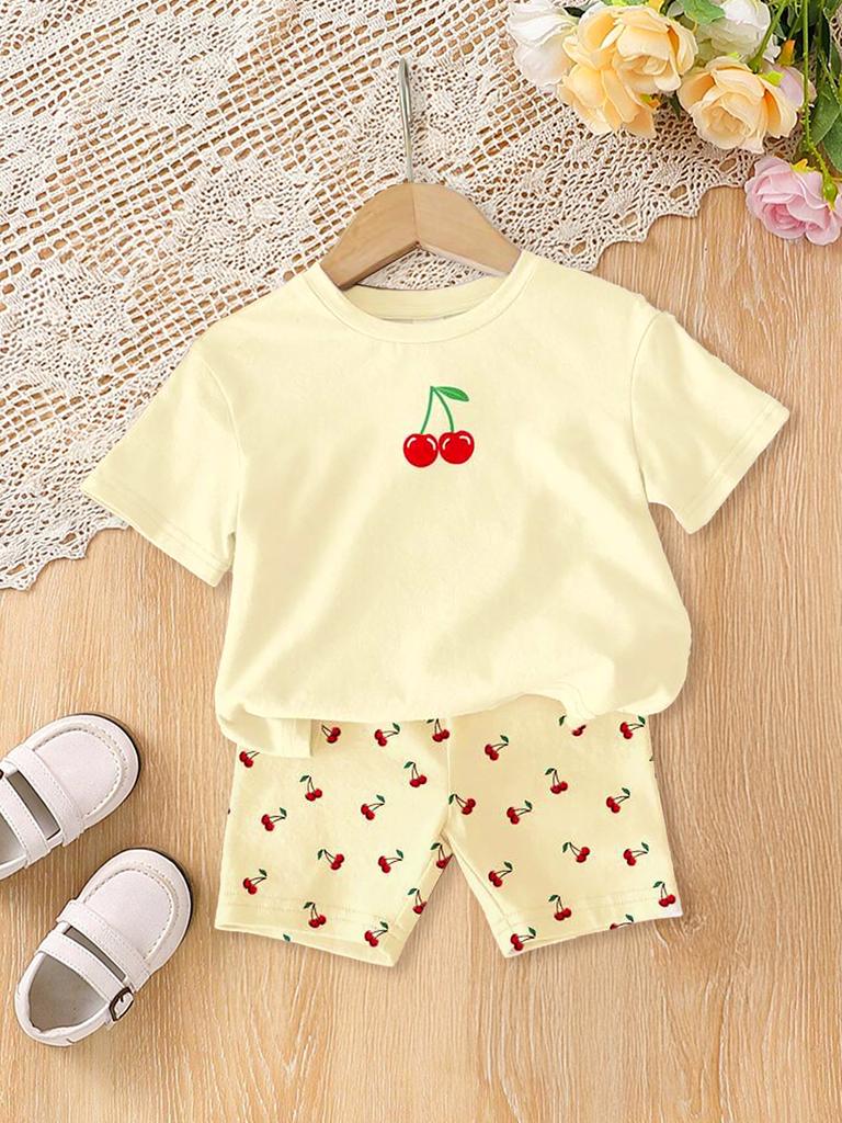 2-Piece Summer Fashion Casual Set for Girls with Yellow Cherry Print | Cute Summer Short-Sleeved T-Shirt + Shorts Set