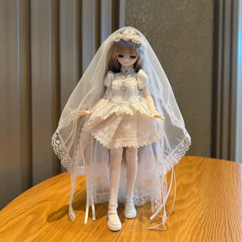 White Elegant Bridal Gown Set OB24 OB22 BJD Dolls Without Doll Or Shoes Long Train Veil