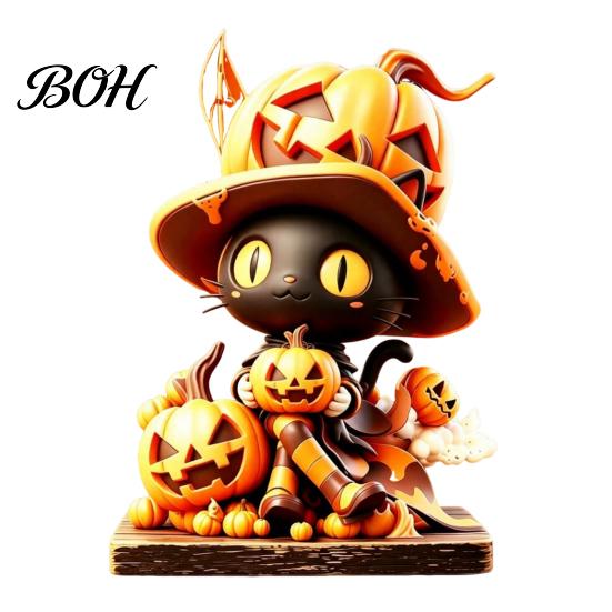 Small Desktop Figurine Wooden Halloween Tabletop Decor, Whimsical Black Cat Witch Pumpkin Skeleton Cute Room Accents Figurines, Centerpiece