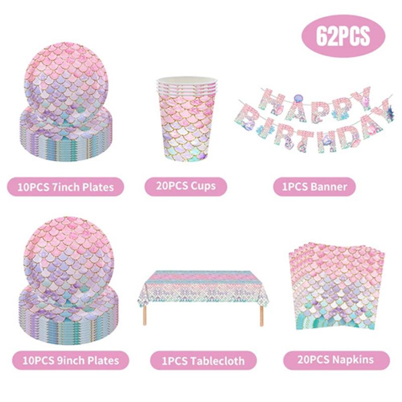 Mermaid Birthday Party Decorations Tableware Set Paper Cups Plates Tablecloth Backdrop Birthday Theme Event Supplies For Kids