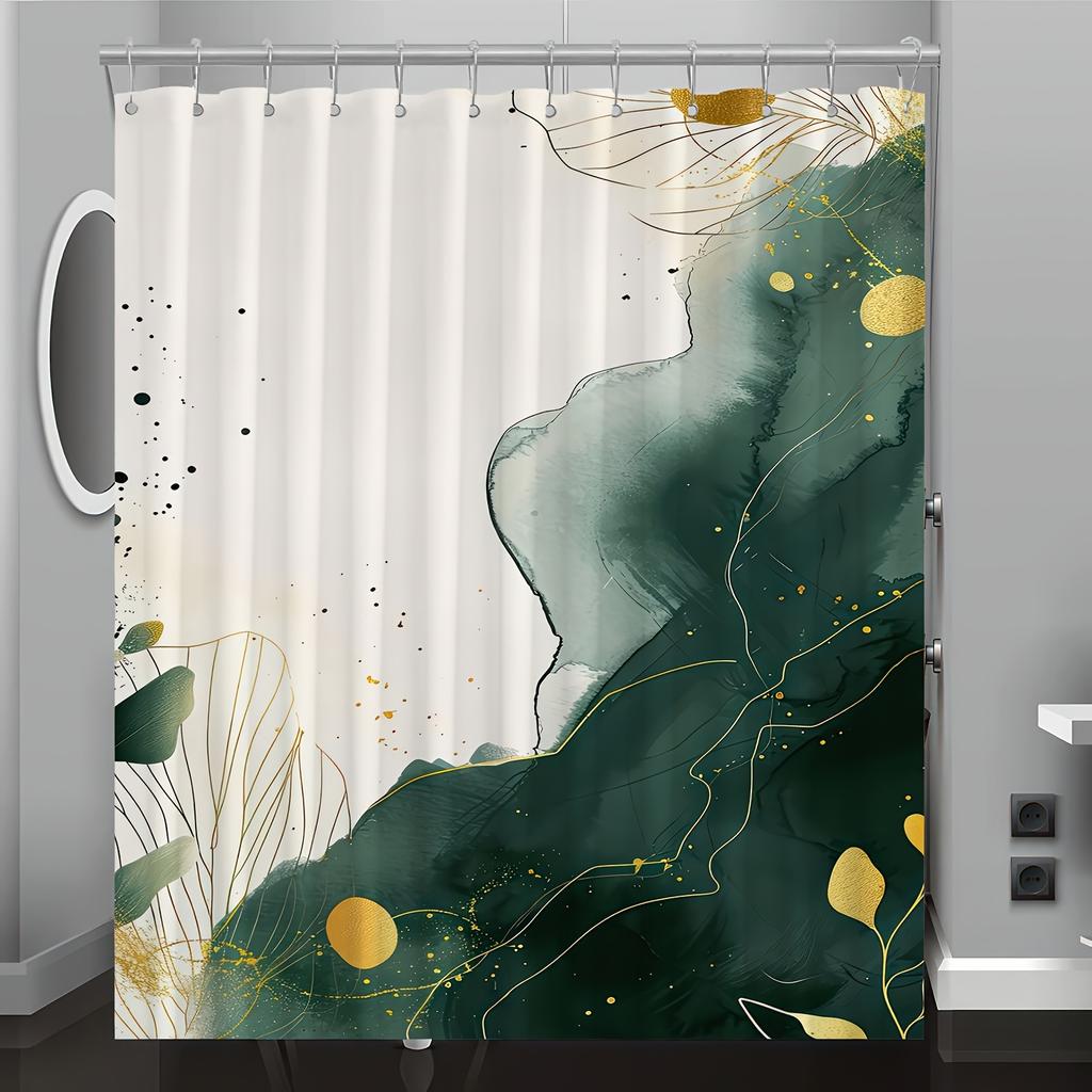 Modern Abstract Leaf Shower Curtain – Green & Golden Design, Machine Washable Polyester with Hooks for All-Season Bathroom Decor