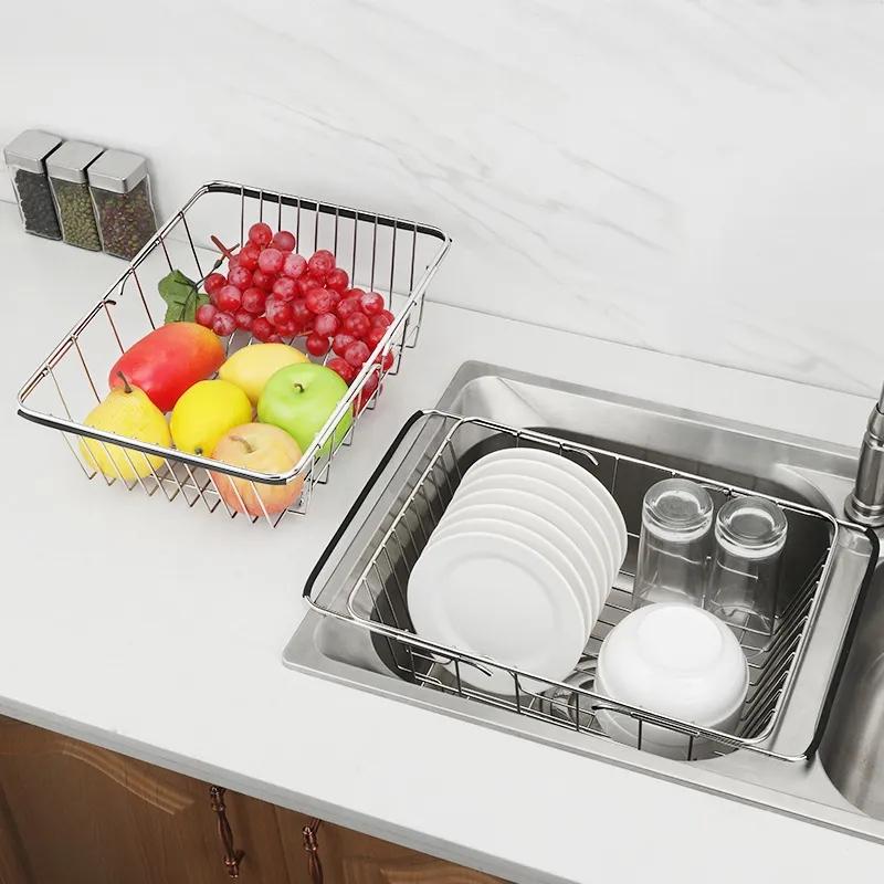 Adjustable Stainless Steel Sink Dish Plate Drain Rack Expandable Drying Basket Fruit Bowl Drainer Holder Kitchen Storage