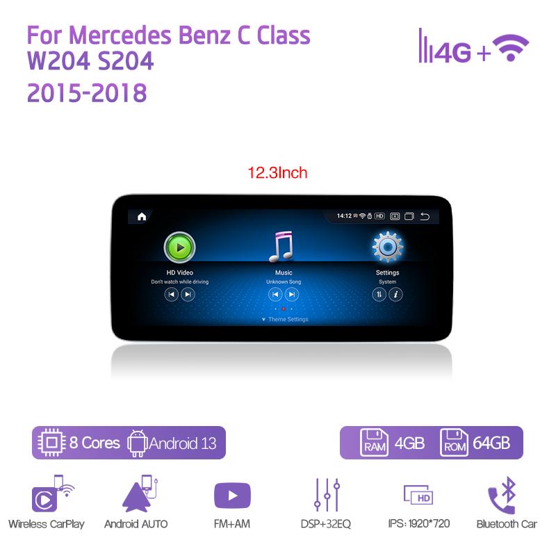 10.25/12.3" Android13 For Mercedes Benz C Class W204 S204 2015-2018 GPS Navigation CarPlay 4G 360Camera Car Multimedia Player