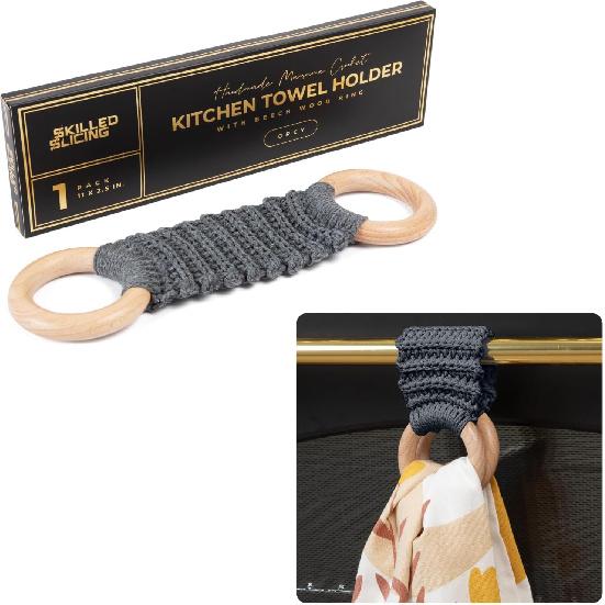 Hanging Kitchen Dish Towel Holder (Handmade Crochet), Decorative Boho Macrame Kitchen Towel Hanger Loop Ring Makes a Unique Gift for Birthday,