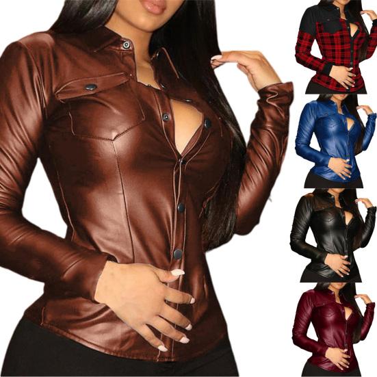 Женская рубашка однотонная приталенная из искусственной кожи крутая блузка с V-образным вырезом для повседневной носки