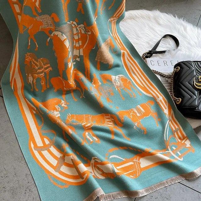 Толстый теплый зимний шарф, роскошный дизайн, принт лошади, женский кашемировый шаль из пашмины, женские шарфы с запахом, женский платок, одеяло, пончо