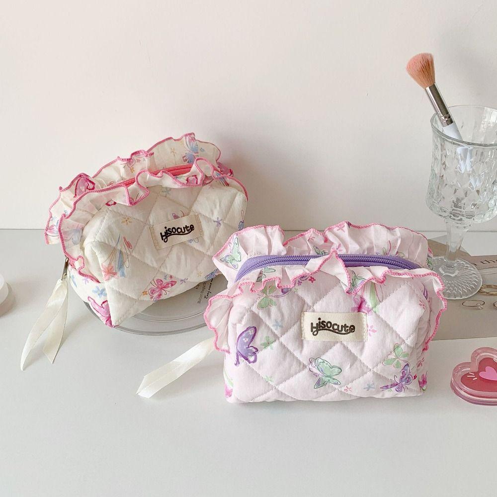 Кружевная косметичка с принтом бабочек, большой вместимости, кружевной пенал, милые сумки для хранения, для женщин