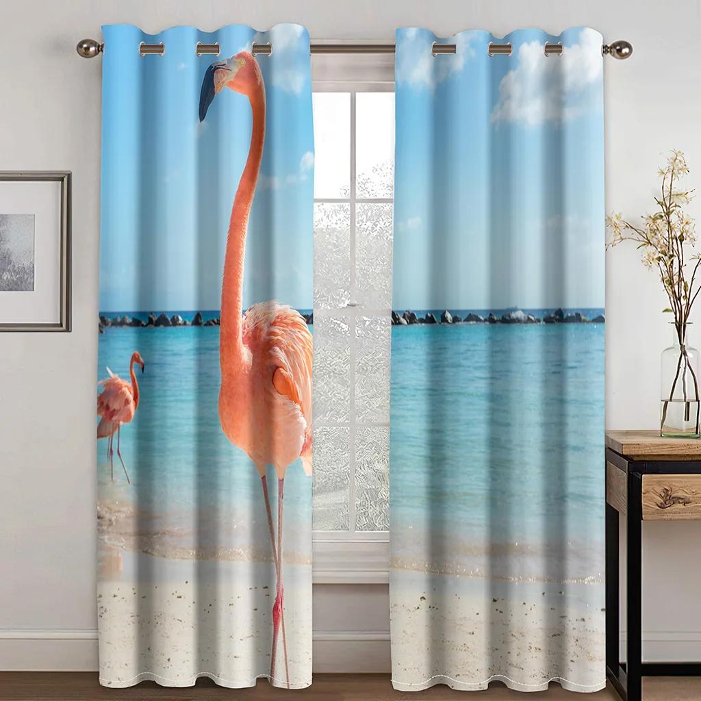 Высококачественные плотные затемняющие шторы с принтом фламинго, пляжа и моря, розовые животные для окон в гостиной, высокие затемняющие шторы, новые шторы