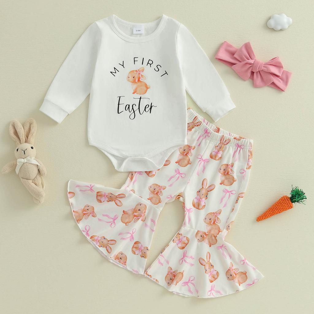 Детские пасхальные комплекты для девочек с расклешенными низами, комбинезон с длинными рукавами и круглым вырезом, с бантом и принтом кролика, штаны, комплекты с повязкой на голову