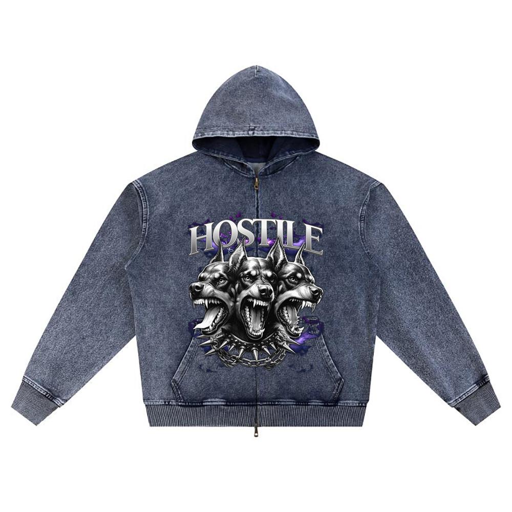 DTG Print Knitted Denim Zip-Up Hoodie Dog Graphic Brother Print Zipper Hoodies