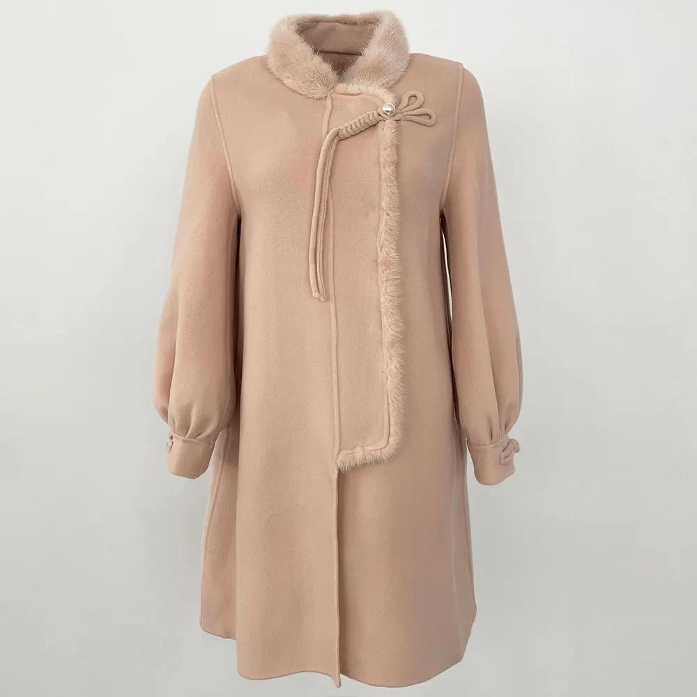 OFTBUY Autumn Winter Jacket Natural Real Mink Fur Collar Long Thick Warm Wool Blends Coat Women Outerwear Streetwear Chinese