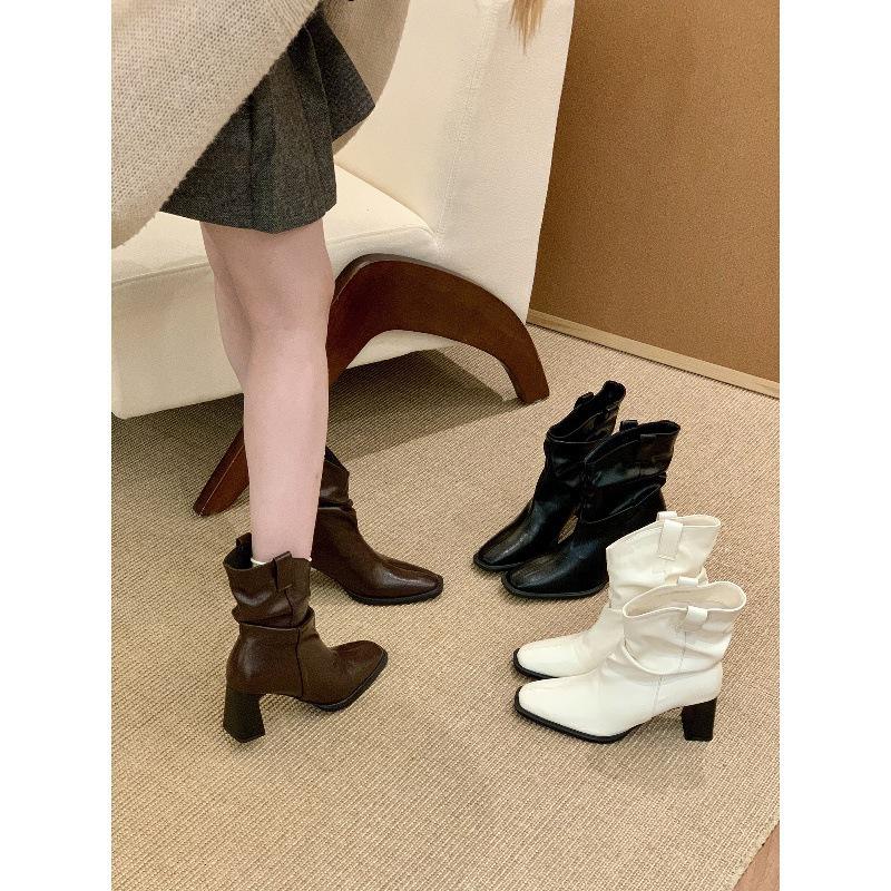 High-Heeled Boots Korean Version Thick-Heeled Stacked Boots Medium Tube Knight Boots Women'S Boots Autumn And Winter Maillard Fashion Short Boots
